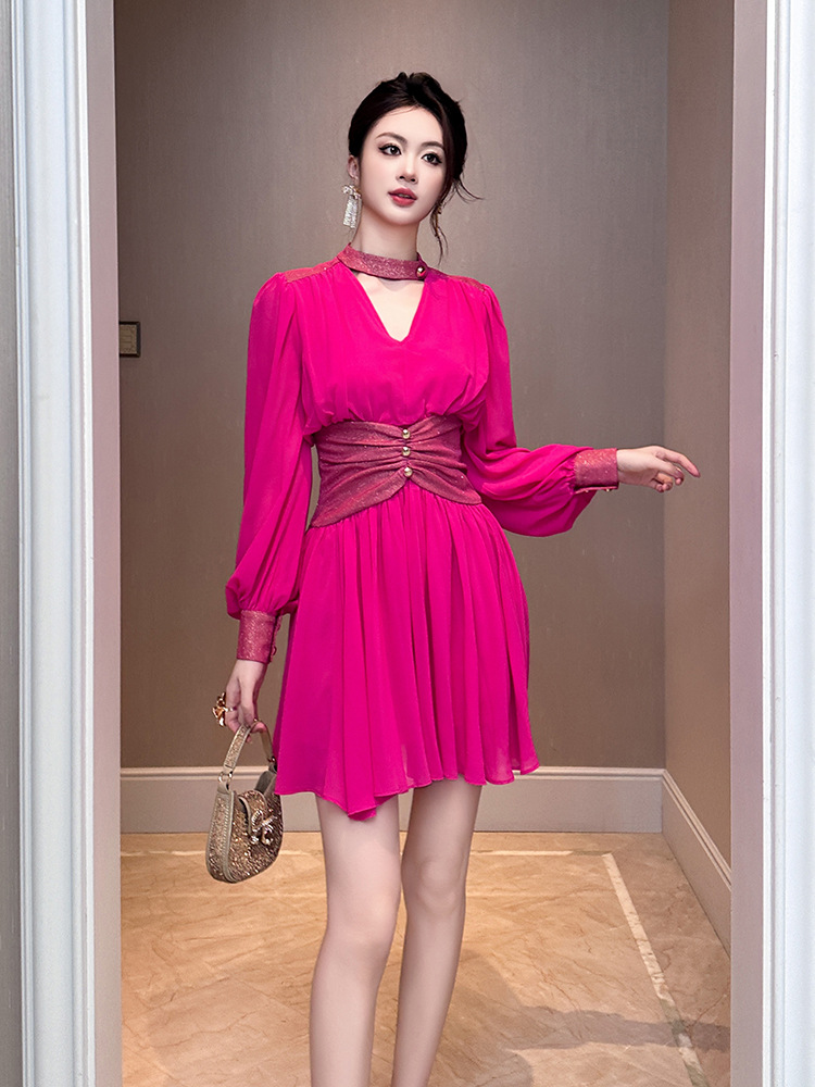 Summer Clothing New Look - 女性用プリーツシフォンドレス,非対称服,Vネック,スリムなフレンチスタイル,秋冬新作コレクション