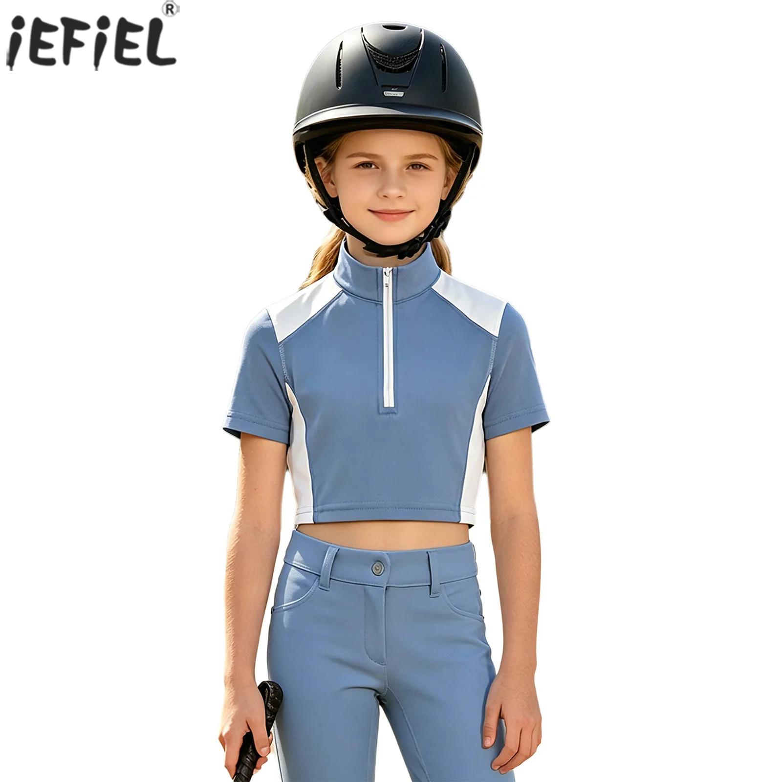 Summer Equestrian Clothing - キッズガールズスポーツ乗馬シャツ乗馬服半袖ハーフジップアスレチックトップスゴルフテニス乗馬ショー用