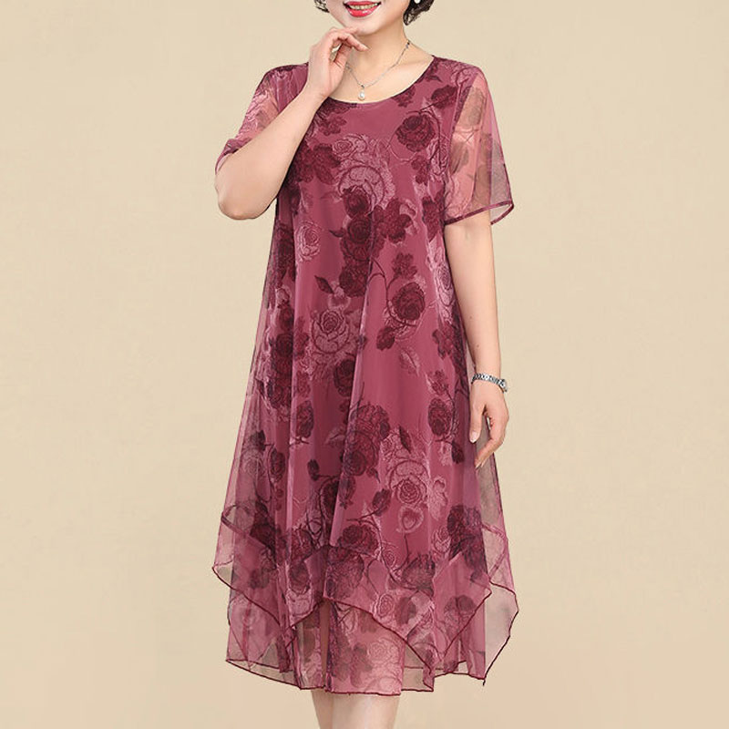 Summer Gauze Clothing - 女性のヴィンテージ花柄ミディドレス,ラウンドネック,半袖,ガーゼ,軽くてエレガント,不規則,ルーズ,夏,新しい