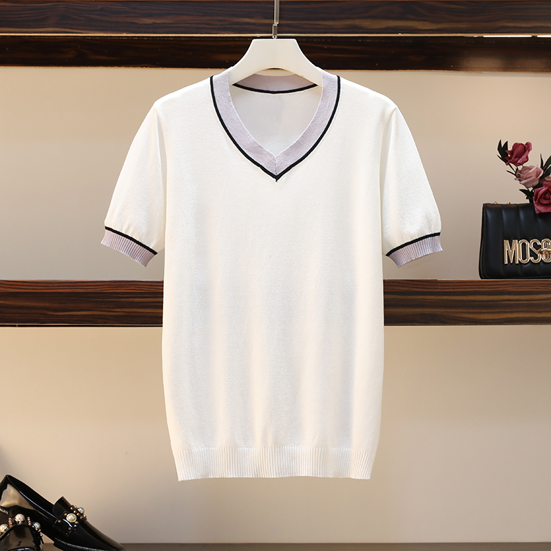 Summer Clothing Yarn - 夏の婦人服セーター V ネックルーズトップファッション印刷半袖女性ニットプルオーバーカジュアル女性セーター