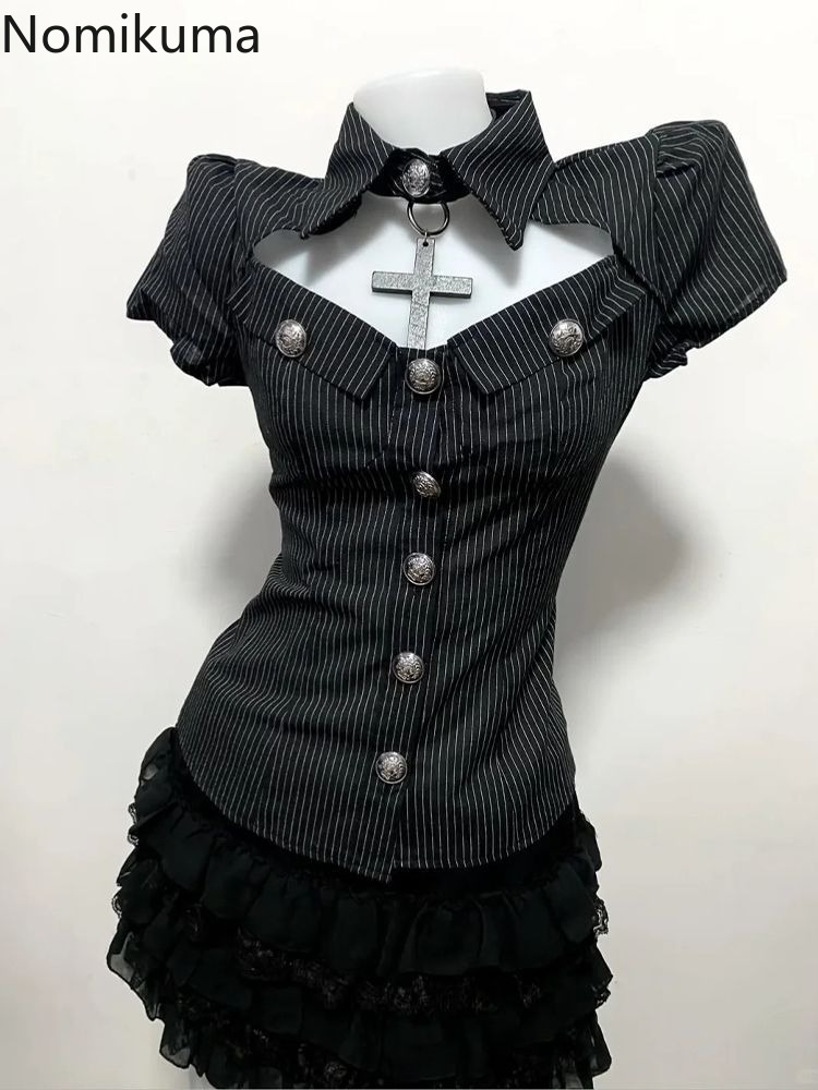 Summer Clothing Juniors - ゴスツーピースセット女性の服中空アウトスリムウエストストライプブラウス A ラインミニスカート衣装ファッション夏 Y2k スーツ
