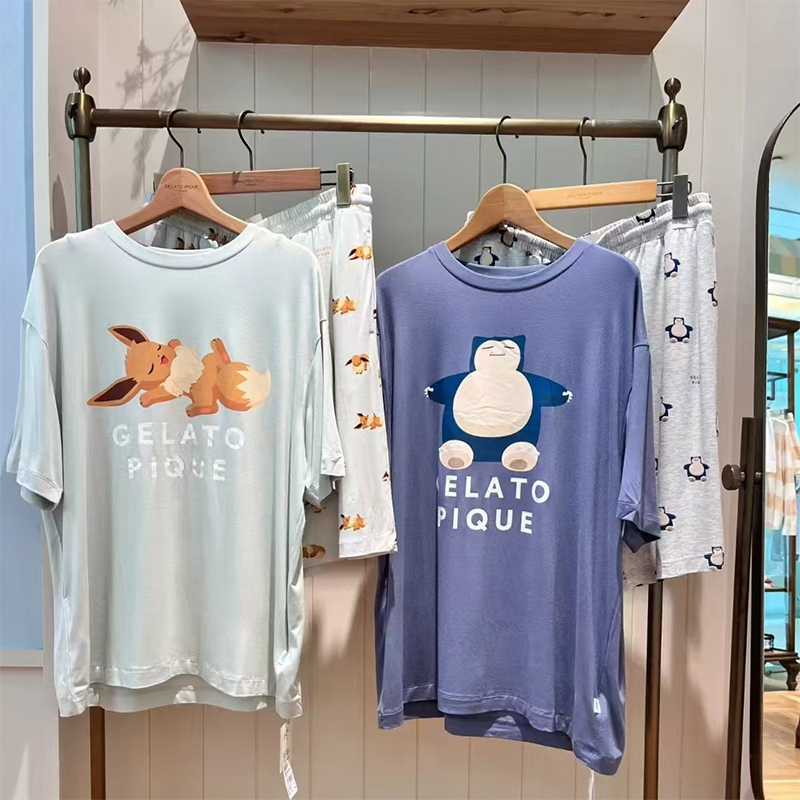 Summer House Clothing - アニメ漫画ポケモンサマーホームスーツセットかわいいカビゴンイーブイルーズラウンドネック半袖シャツ5分丈パンツセット