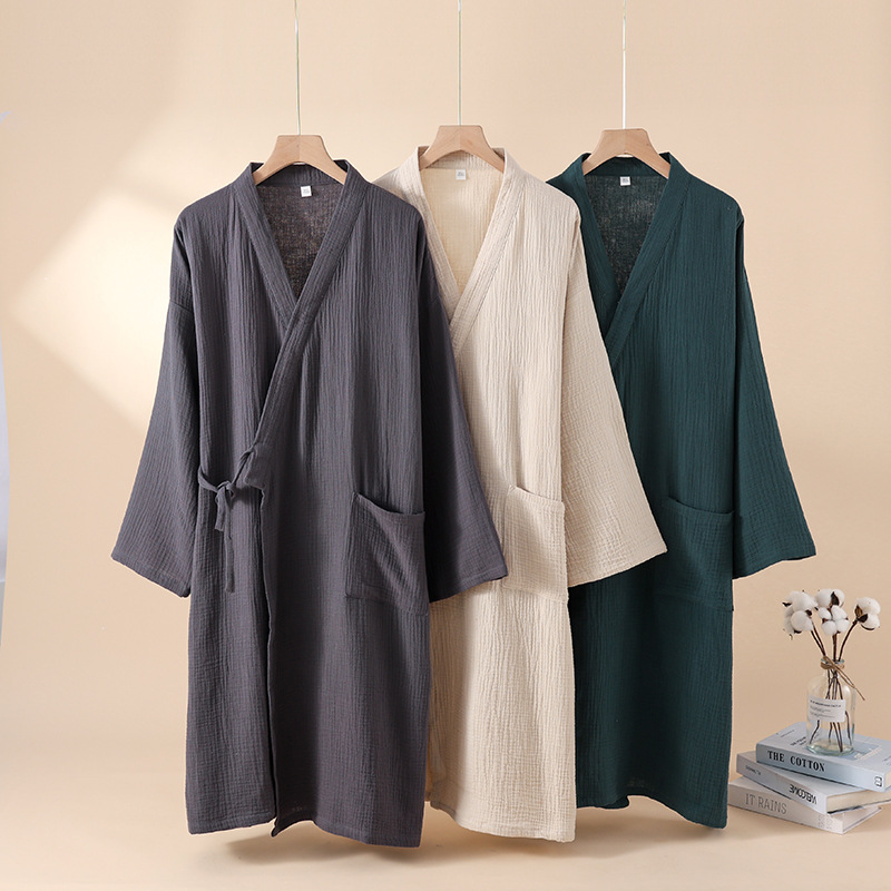 Summer House Clothing - 2026 日本の新春/夏のカップル着物ローブ綿 100% クレープ生地男性と女性のバスローブ薄いホームスリーピングローブ