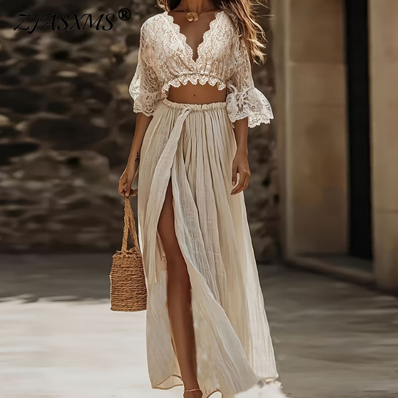 Summer Clothing Vacation - レディースボヘミアンレースツーピースセット セクシーディープVネッククロップトップ+ハイウエストスリットマキシスカート バケーションアウトフィット フレア袖ホロースーツ