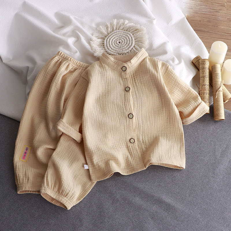 Summer Gauze Clothing - 子供のスタンドカラーセット男の子女の子夏薄い純粋な綿ホームウェアベビーガーゼ空調 2 個衣装子供服
