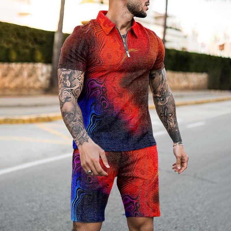 Summer De Clothing - サマージッパーポロシャツスーツ 2ピース セットアップ メンズ ビーチ ボヘミアン