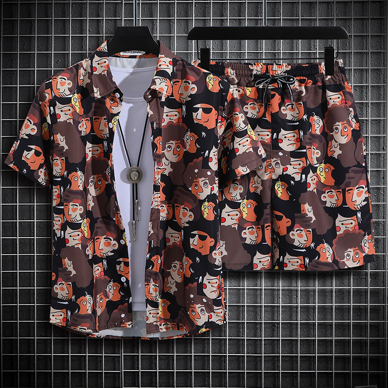 Summer Clothing Vacation - メンズサマーカジュアルセット半袖ボタンカラーシャツショーツセット香港風ルーズバケーションビーチ大きいサイズ服