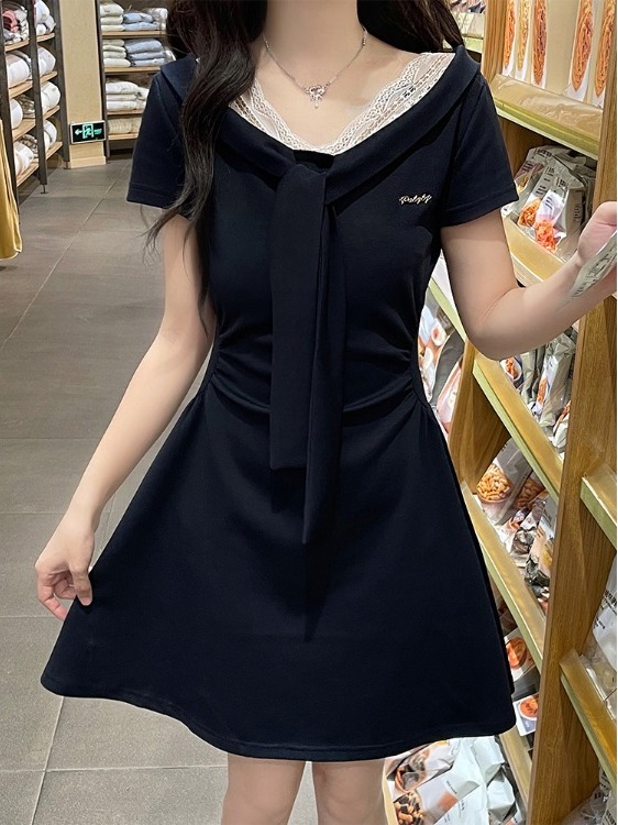 Summer Clothing Old Navy - 夏用レーストリムAラインドレス ネイビーカラー ボウノット半袖 スリムショート丈 プラスサイズ カレッジスタイル