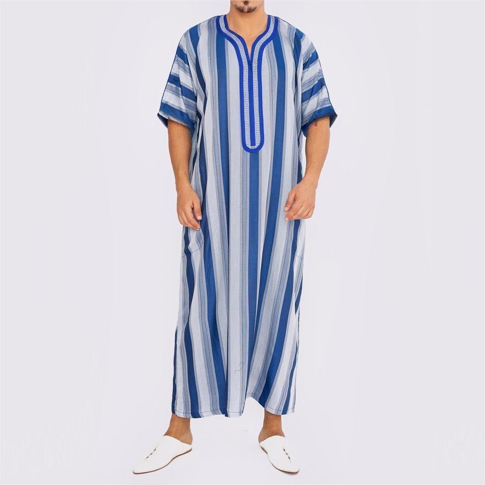 Summer Clothing Material - アラビア男性用半袖ロングローブ大きいサイズ中東服夏カジュアルウェアエスニックファッション中年男性の服装