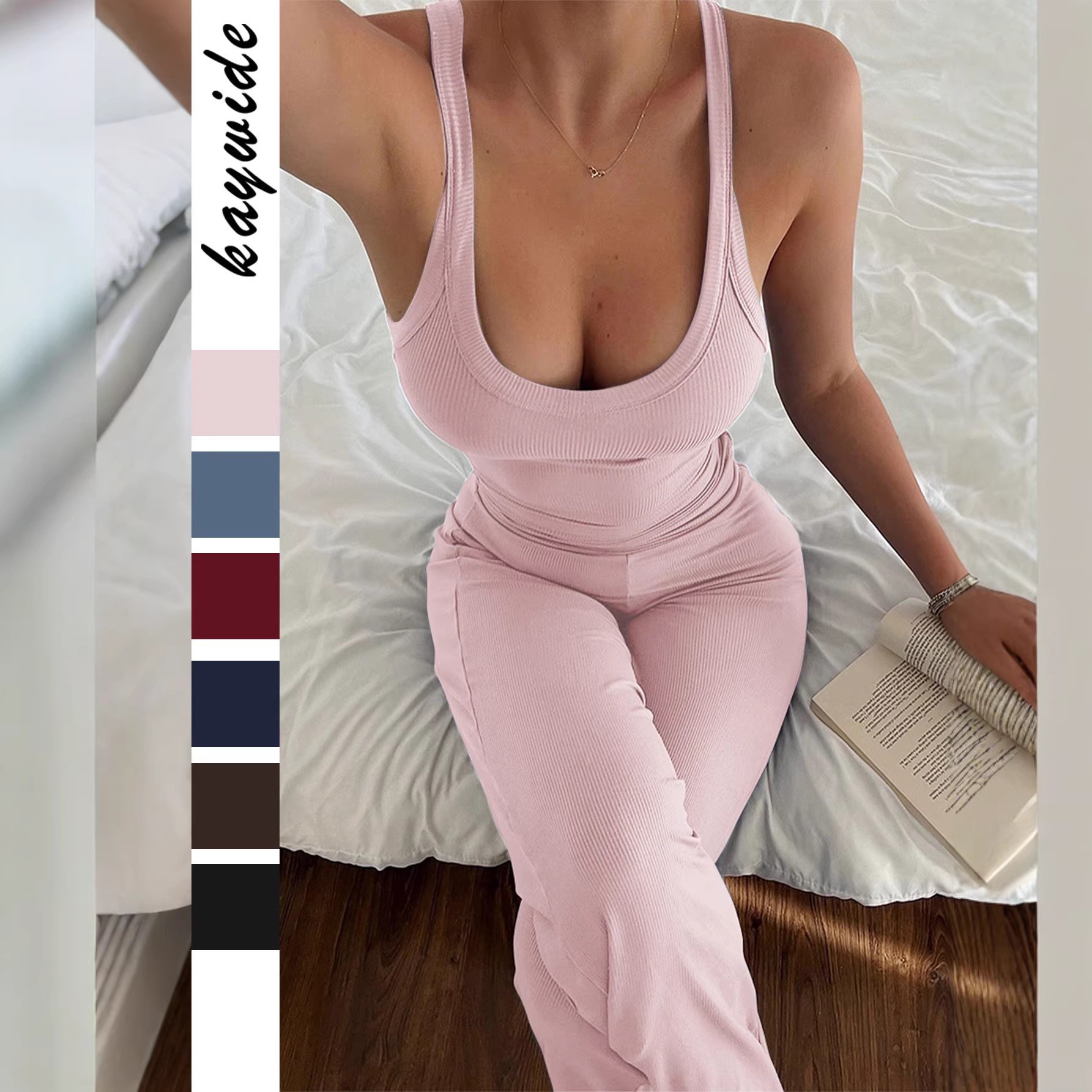 Summer Clothing Usa - 春夏レディース服 スポーティノースリーブタンクトップ ワイドレッグパンツセット 女性用 ビスコースポリエステル混紡 無地