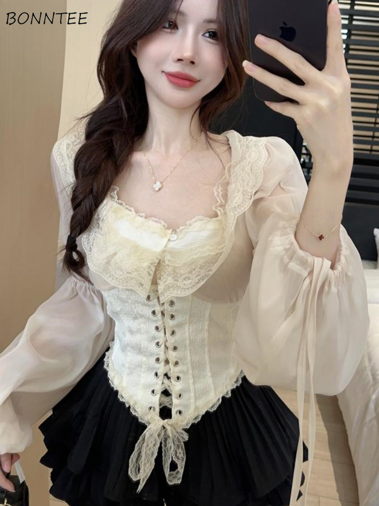Crop Blouse Linen - 固体ブラウス女性レースアップクロップトップス春韓国スタイルヴィンテージオールマッチスリムフェアリーコア通気性女性人気