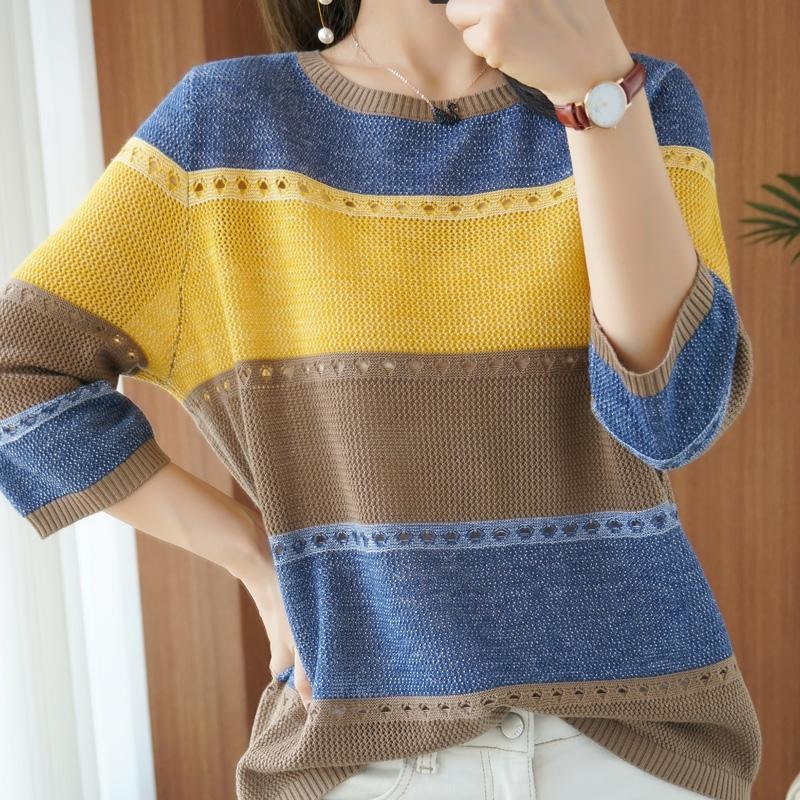 Summer Clothing Yarn - 女性セーター 3/4 袖韓国ファッションストライププルオーバー夏春薄い中空アウトルーズ 2026 女性服
