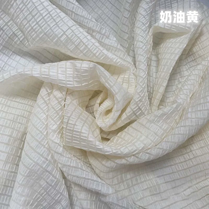 Summer Clothing Material - クリームイエローの市松模様の生地、柔らかく通気性のあるテキスタイル、夏の服装の縫製、DIY衣料品、クラフト、室内装飾、家の装飾素材