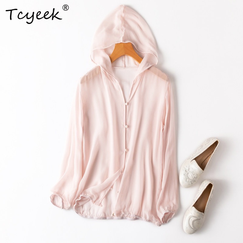 Summer Clothing Usa - Tcyeek 100% 本物の桑シルク女性トップス 2026 夏通気性フード付きライトピンク日焼け防止トップ女性服 Ropa