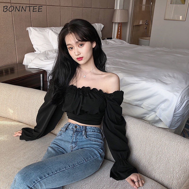 Crop Blouse Linen - パフスリーブのセクシーな黒のブラウス,エレガントな女性,魅力的なトレンディな,スリムフィット,スクエアネックライン,新しい夏のコレクション