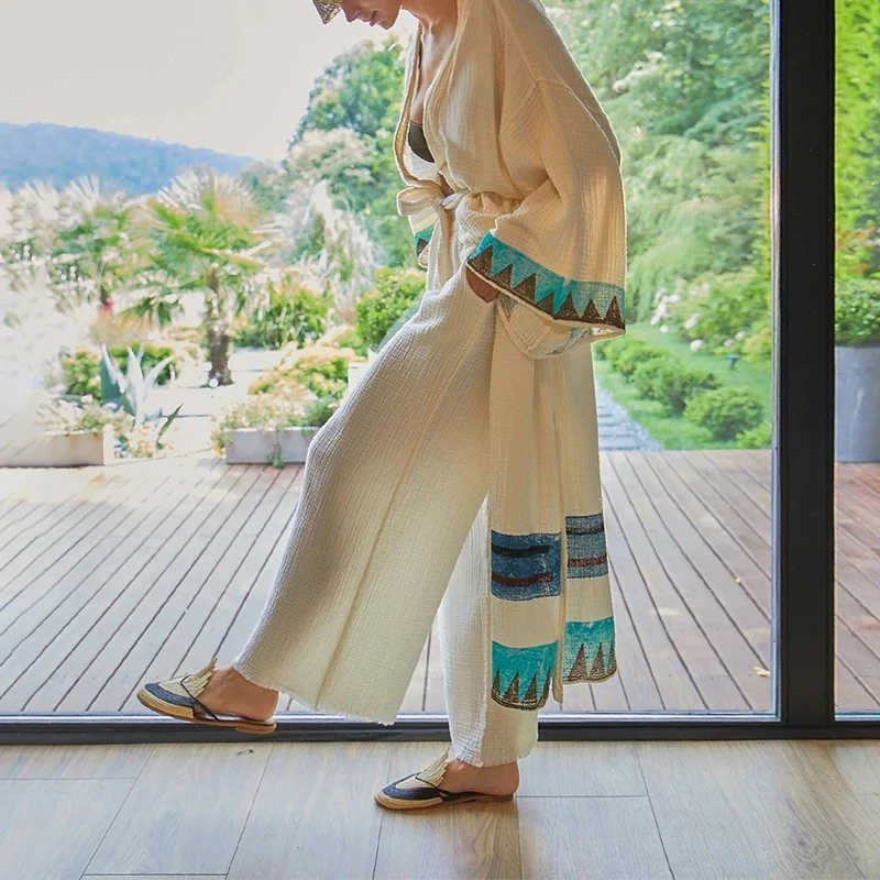 Summer Gauze Clothing - モスリン綿 100% ガーゼパンツルーズカジュアルワイドレッグパンツ女性ロングハイワーシテッドストリートウェアボトムスズボン女性服