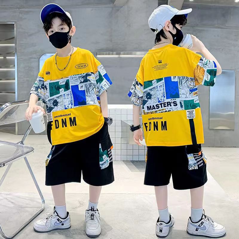 Summer Clothing Drawing For Kids - ティーンボーイズ服セット夏の新落書きパターン半袖 Tシャツ + ルーズショーツ 2 個スーツ