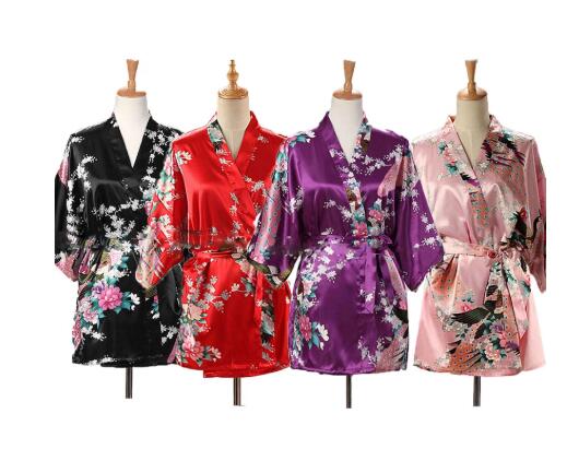 Summer House Clothing - レースアップ女性孔雀プリント日本の着物浴衣シルクサテンショートスタイルパジャマホームナイトガウンバスローブコスチューム