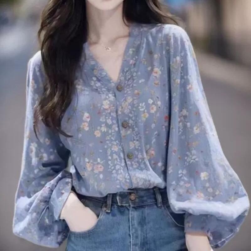 Summer Clothing New Look - 春夏の新作女性服フレンチエレガント花柄 V ネック長袖 Tシャツファッション多用途超格好良いルーズトップス