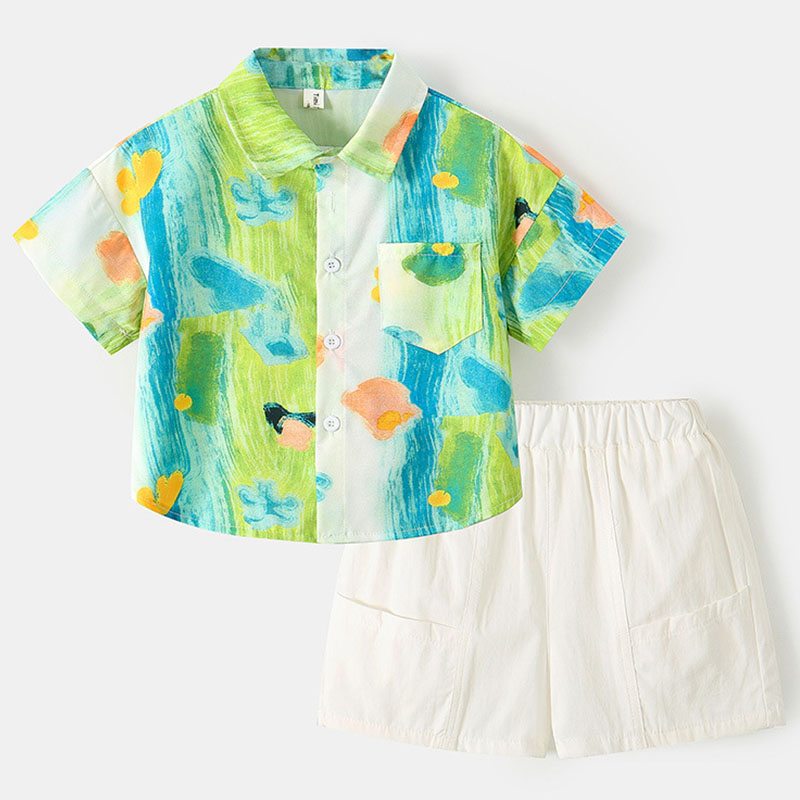 Summer Clothing Drawing For Kids - 2 個セット夏の男の子服韓国ファッション落書き半袖コットントップス + ルーズショーツブティック子供服 B128