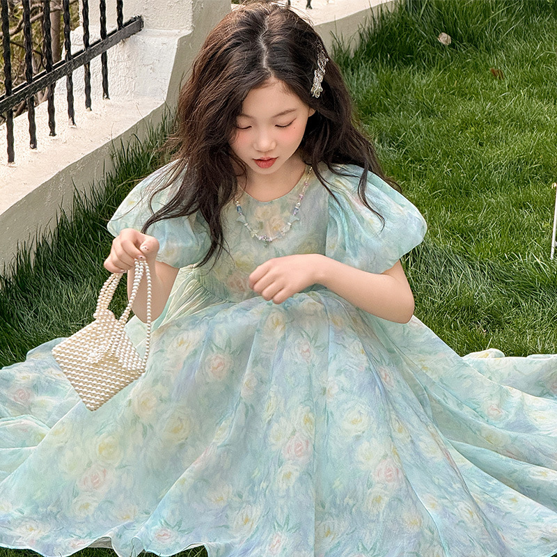 Summer Gauze Clothing - 夏用4-14歳ティーンガールズバブルスリーブフラワー プリンセスドレス子供服ジュニアキッズガーゼフォーマルイブニングドレス