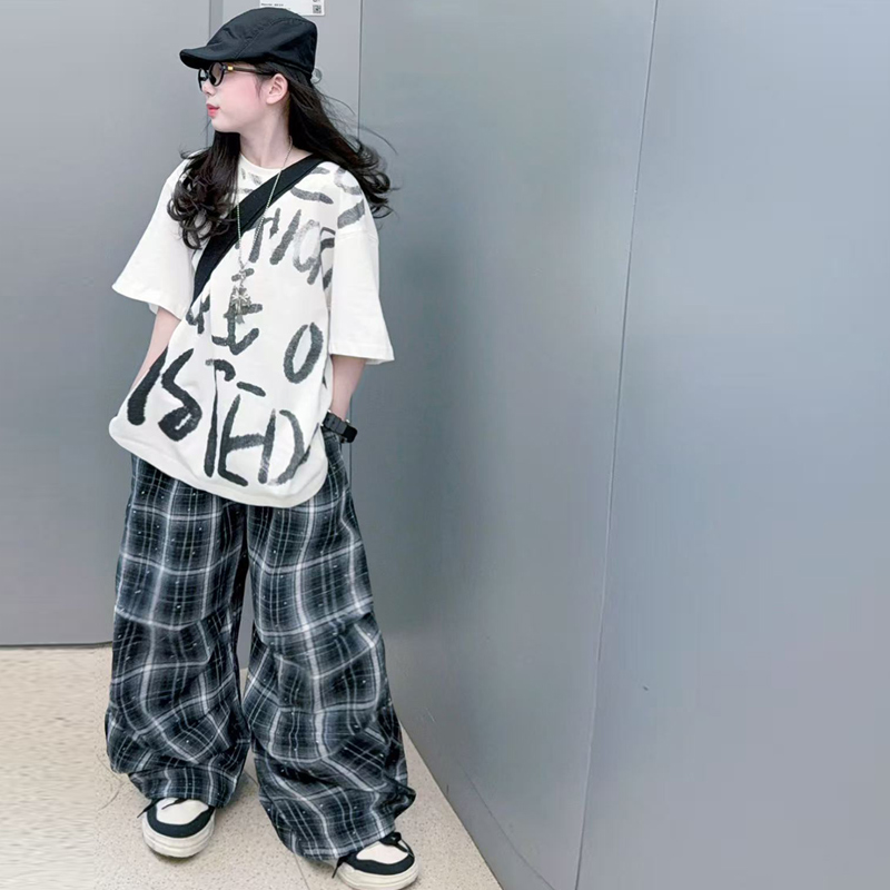 Summer Clothing Drawing For Kids - 夏の女の子向けヒップホップグラフィティプリントTシャツ、オーバーサイズTシャツ、ラインストーン付き格子柄ワイドレッグパンツ、キッズストリートウェア、ルーズな子供服