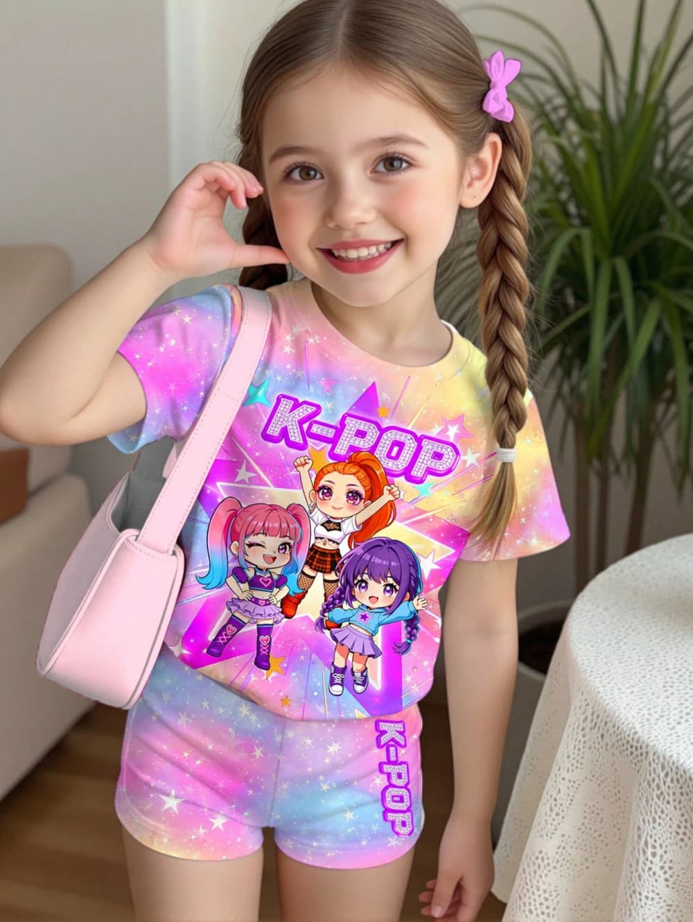Summer Clothing List - K-POP風漫画グラフィックガールズTシャツ＆パンツセット 女の子用サマー服 可愛い半袖セット 子供用Tシャツ＆ショートパンツセット