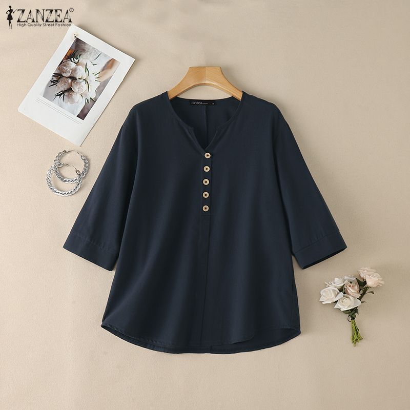 Summer De Clothing - 女性カジュアルコットンリネンブラウス V ネック 3/4 スリーブハーフボタンソリッドカラートップス ZANZEA