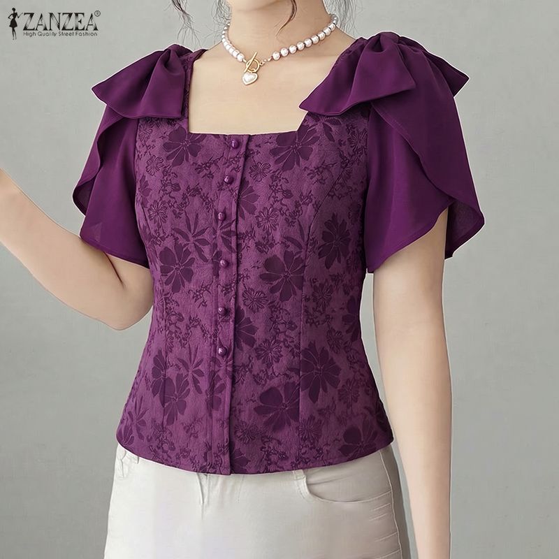 Summer De Clothing - ZANZEA 女性エレガントな花柄ジャカードブラウススクエアネック花びら袖リボンディテールショートトップス夏フェミニンブラウスデムジェ