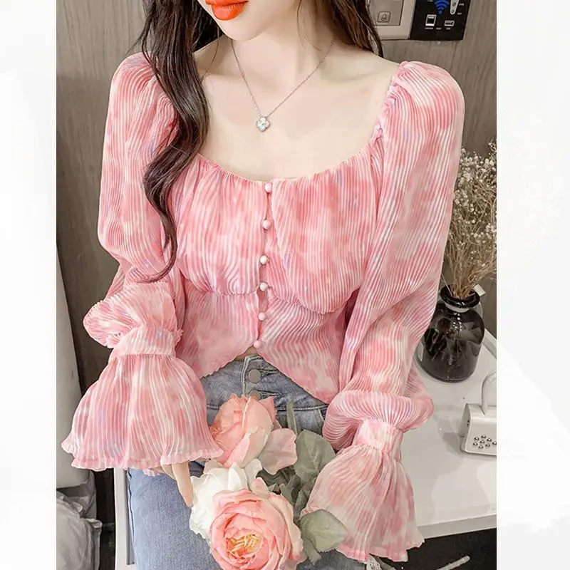 Crop Blouse Linen - セクシーで可愛いスイートスクエアネックプリントパーティー クラブクロップトップ レディースファッション プリーツ入りスリム長袖シックシフォンシャツブラウス XQ42