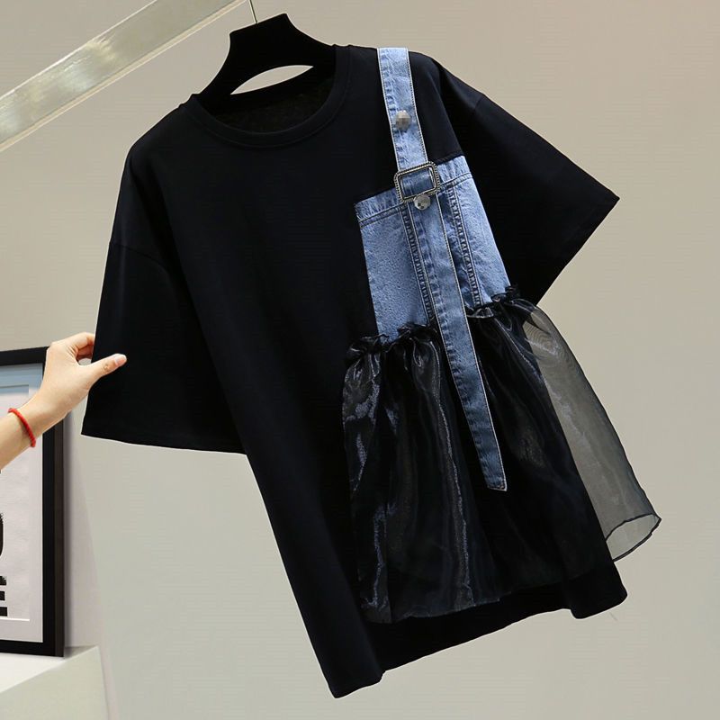 Summer Gauze Clothing - 女性の非対称半袖プルオーバー、カジュアルなガーゼパッチワークデニム、オールマッチTシャツ、スタイリッシュなストリートウェア、女性の服、夏