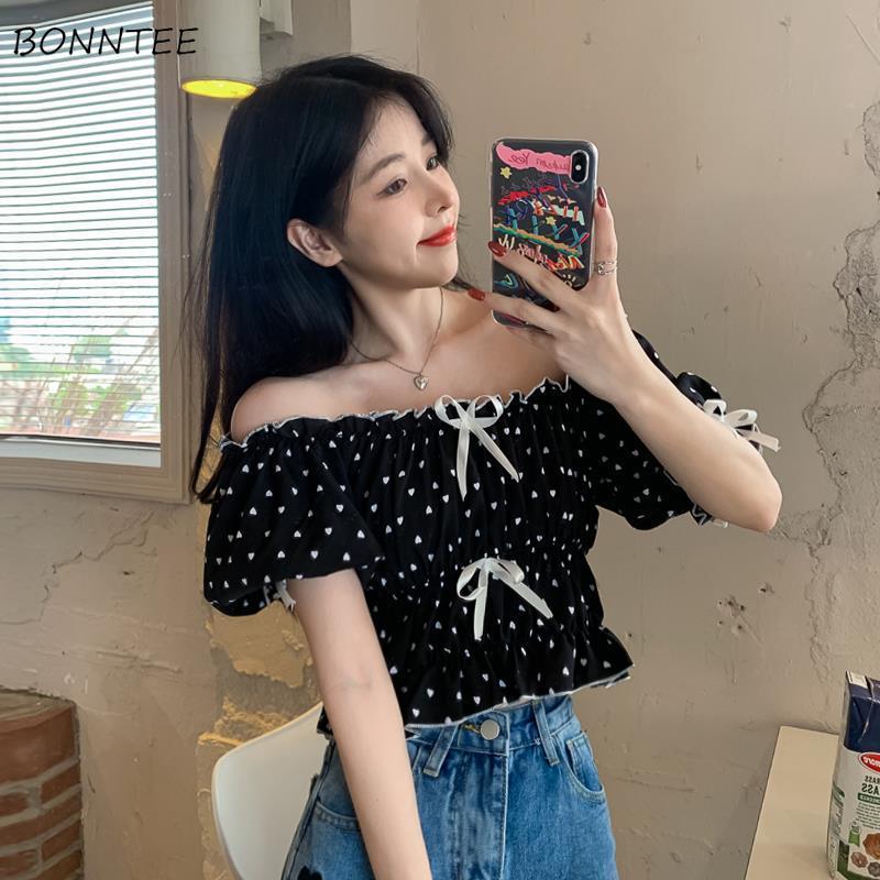 Crop Blouse Linen - 女性用パフスリーブのショートブラウス,水玉模様のセクシーなサマートップ