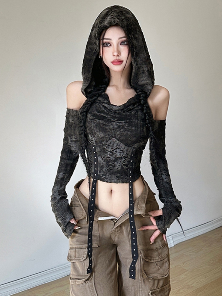Summer De Clothing - フード付きy2kレディーストップ,ショートTシャツ,裸の肩,ストリートウェア,秋