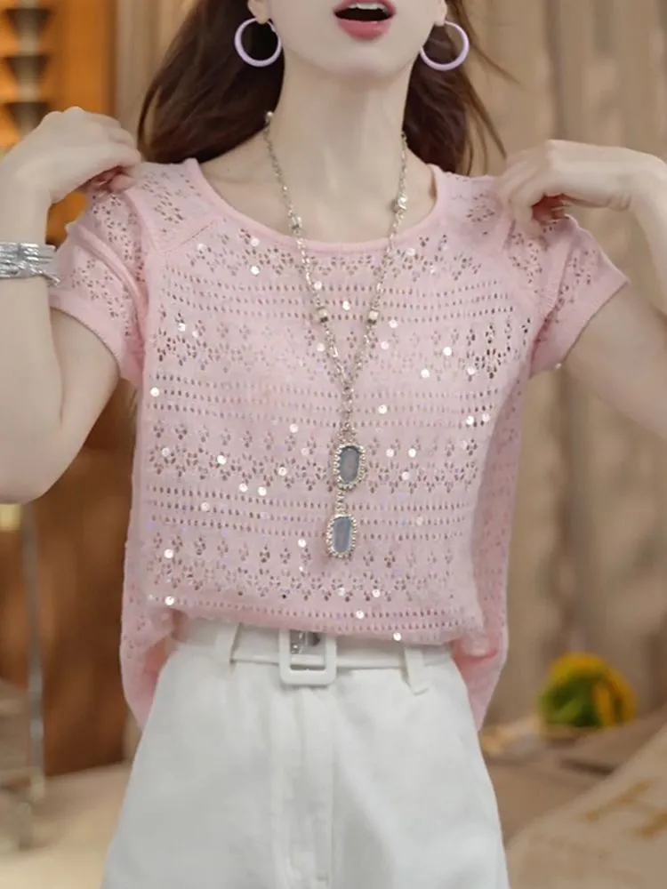 Summer Clothing Yarn - スイートトレンドスパンコールニットプルオーバー女性半袖Tシャツ軽量セーターデザイントップY2kジャンパー衣装韓国Tシャツ