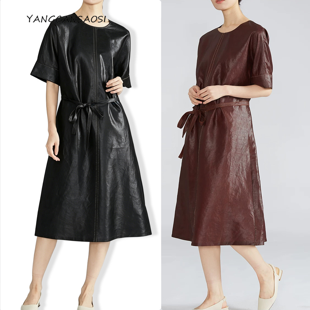 Summer Gauze Clothing - 女性のファッション夏服 100% 天然桑シルク ガンビアード広東ガーゼ ラウンドネック半袖黒ドレス