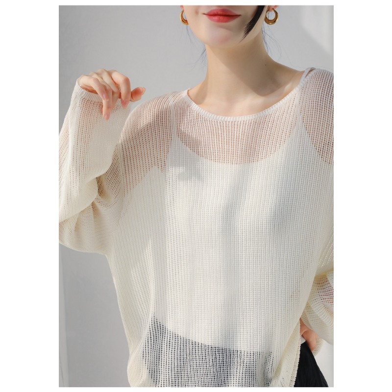 Summer Clothing Yarn - 薄手のニット無地ルーズ女性長袖レギュラー丈カジュアルスタイルファッション O ネック通勤スタイルレジャー女性服