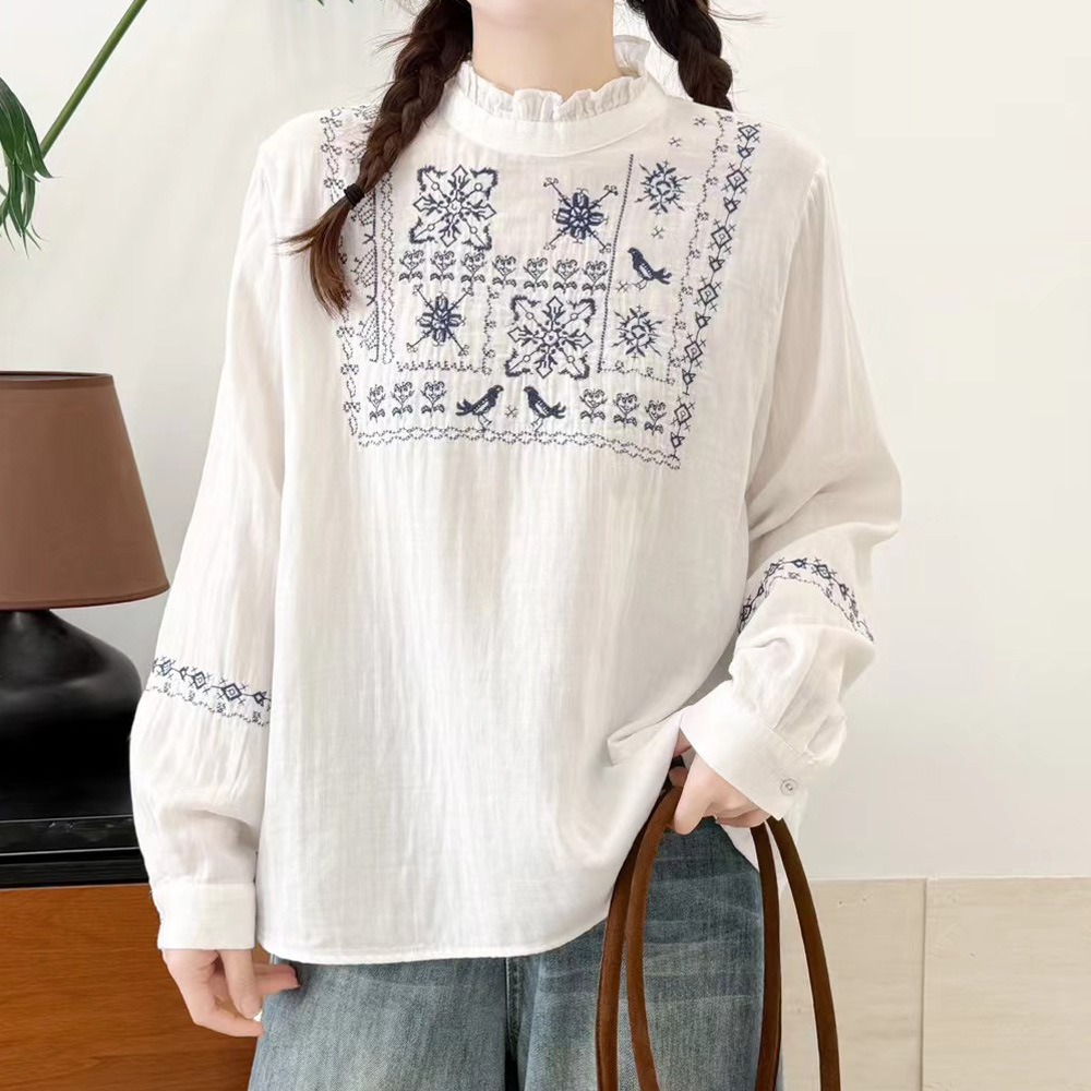 Summer Clothing Yarn - 2026年 森系服飾 エスニック コットン糸 刺繍 白シャツ