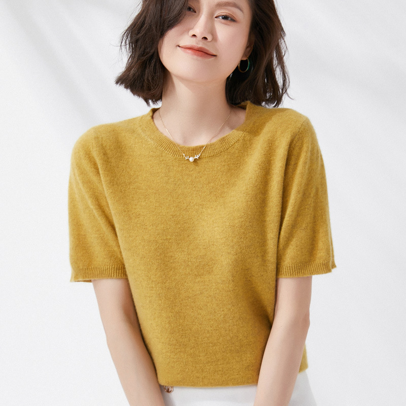 Summer Clothing Yarn - 春と夏の新半袖女性 O ネックスリムウール綿ブレンドプルオーバーベスト Tシャツニットベースセーター