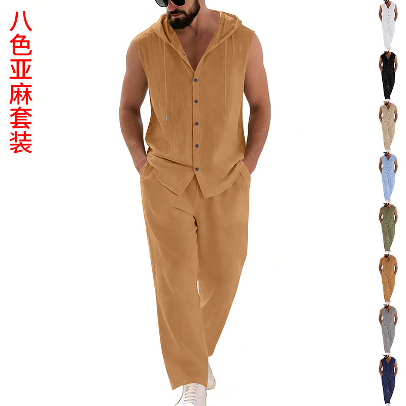 Summer Clothing Usa - メンズカジュアルリネンスーツフード付きセーターとパンツセット無地通気性快適メンズ服