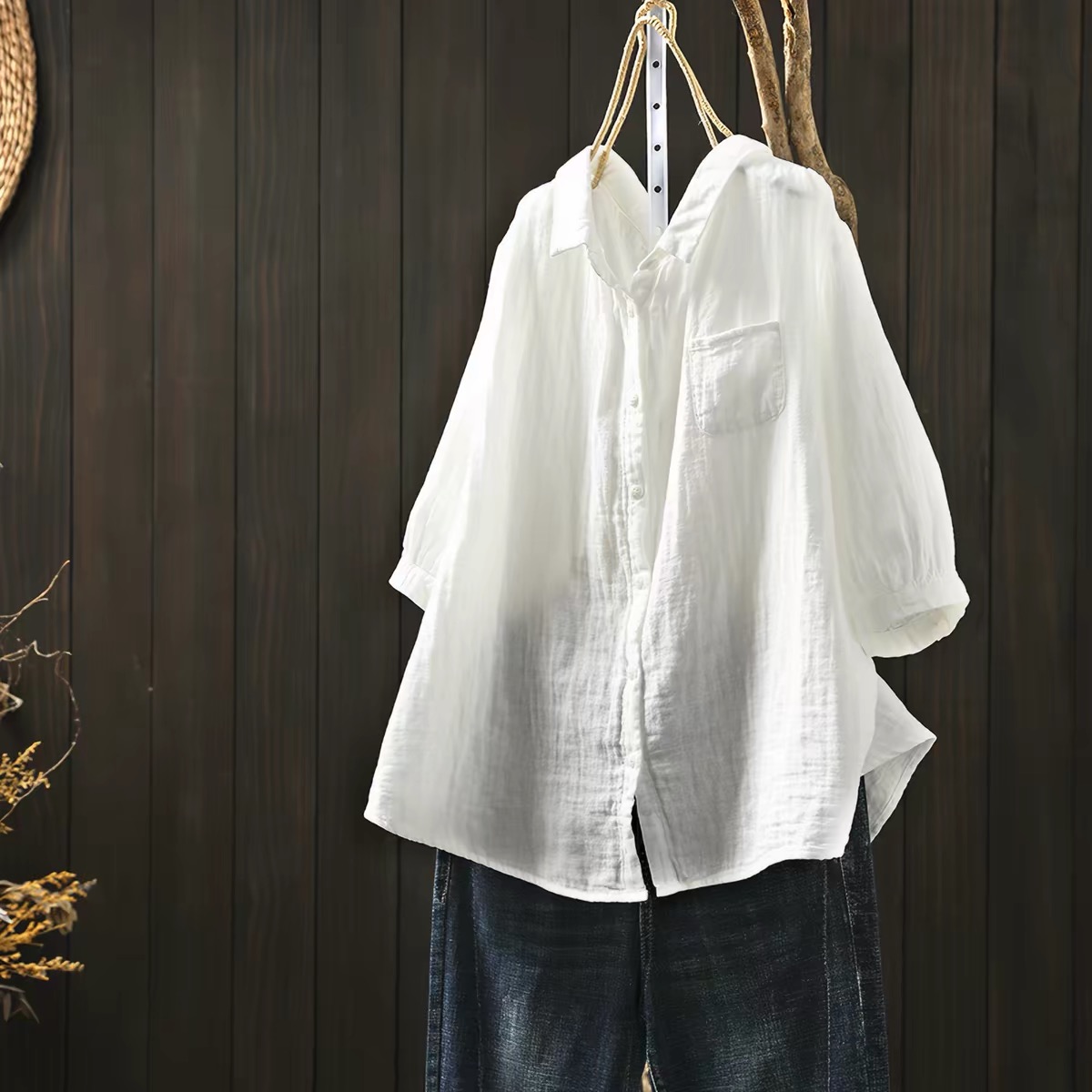 Summer Clothing Yarn - プラスサイズの女性用衣類、和風の綿糸を使用したピンク、ブルー、グリーン、ホワイトの無地シャツとブラウス、女性用オーバーサイズシャツ