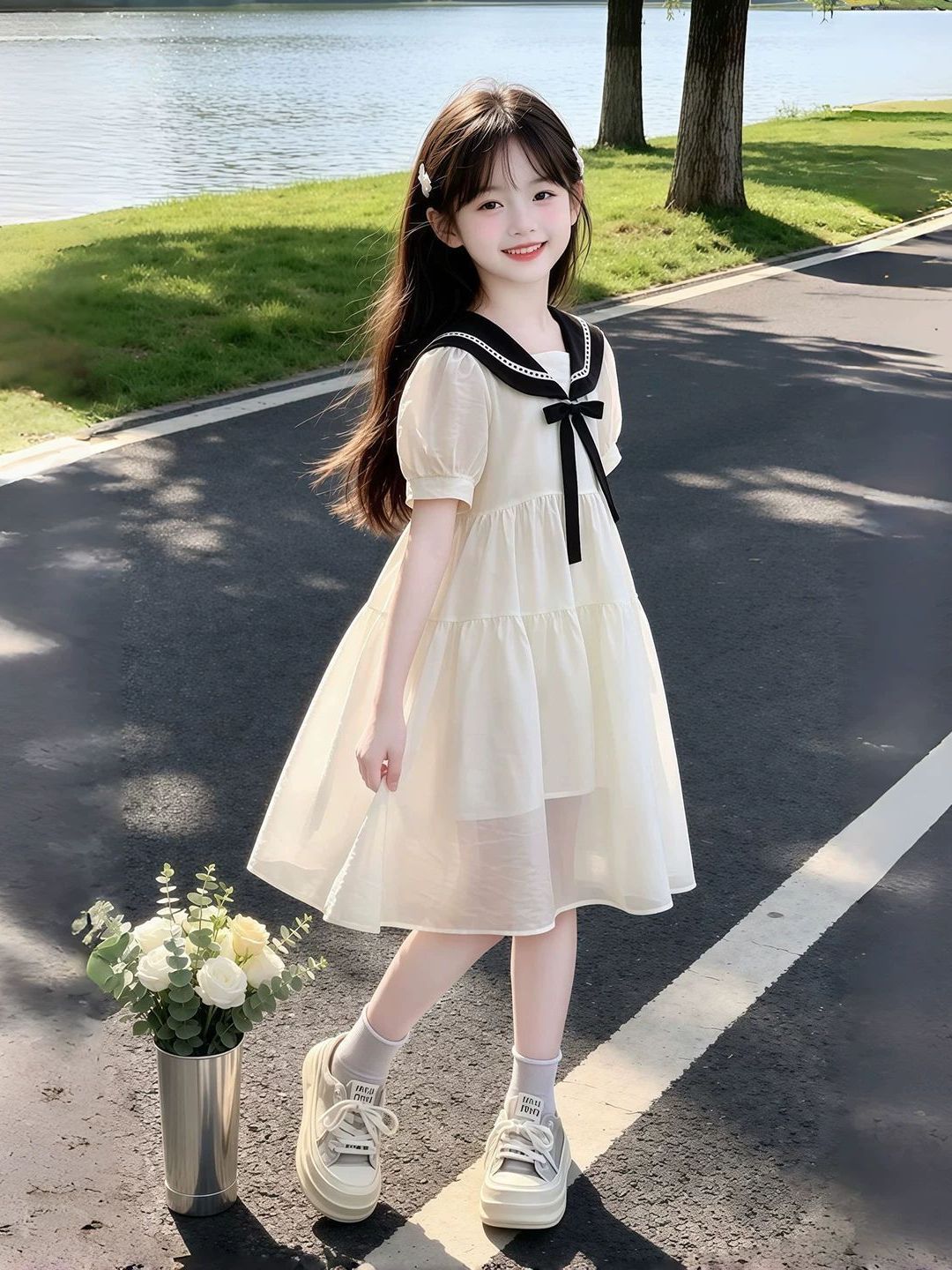 Summer Clothing Old Navy - 女の子サマードレスネイビーカラースクールスタイル子供服ソフトで快適な綿半袖ハイウエストAラインスカート