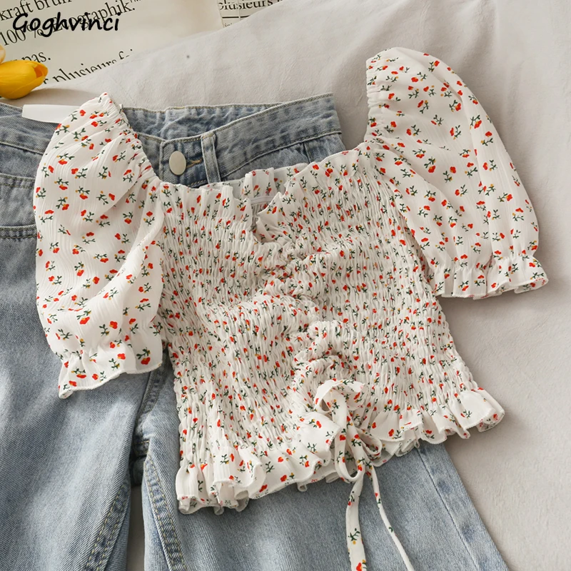 Crop Blouse Linen - 花柄のフリルプリーツブラウス,レディースシャツ,スリム,タイト,セクシー,エレガント,フレンチ,エレガント,ショートトップ,カジュアル,シック