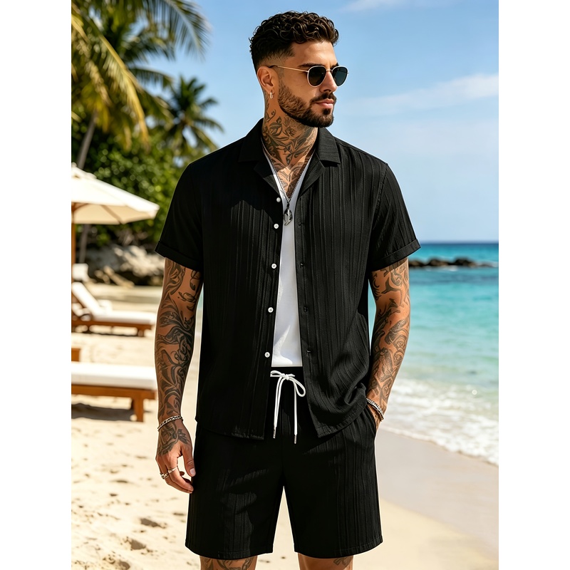 Summer Clothing Vacation - 2メンズサマーカジュアルスーツセット、キューバカラーシャツ+ゆったりとしたショートパンツ、快適で軽いビーチバケーション、日常着、ストリートウェア