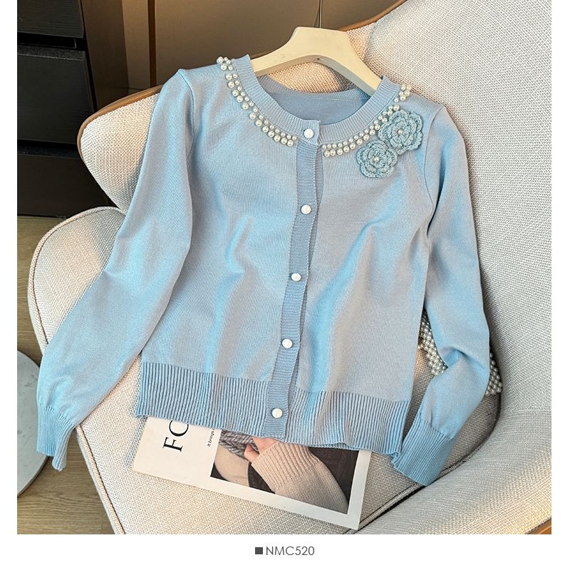 Summer Clothing Yarn - 女性セーター 2025 春秋の新フレンチ Stylen トップスパールビーズ長袖 3d