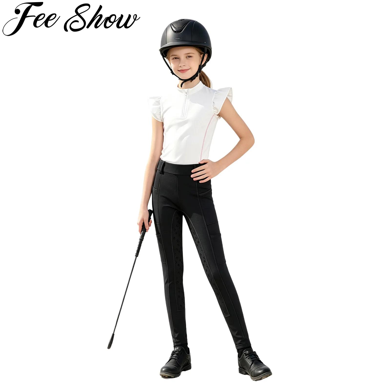Summer Equestrian Clothing - キッズガールズ乗馬スポーツウェア、馬術用衣料、フリル袖シャツトップと滑り止め付きフルシートブリーチパンツ