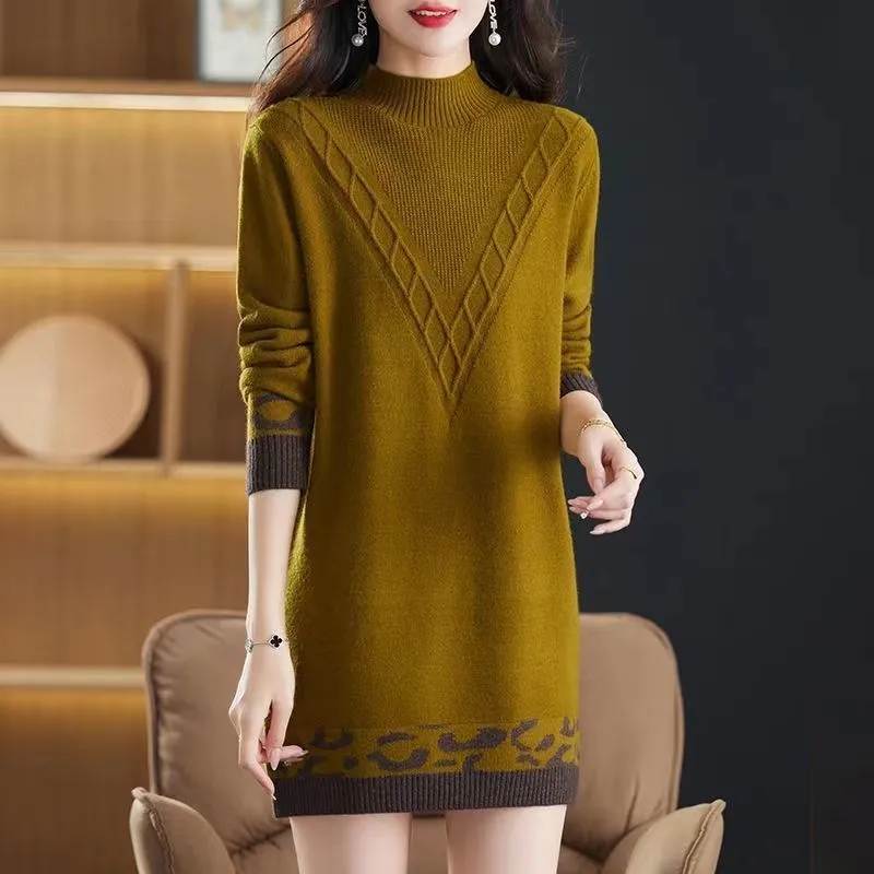 Summer Clothing Yarn - 女性用特大ニット長袖セーター、ハーフハイカラー、ウォームプルオーバー、ミッドロングジャンパー、女性用トップス、母服