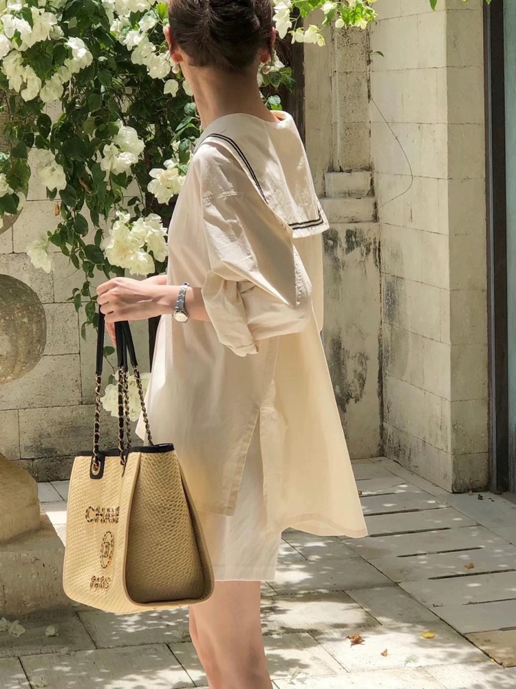 Summer Clothing Old Navy - 夏 2023 女性のルーズフィット長袖ネイビーカラーカジュアルシャツ日焼け防止服韓国スタイル通勤コットンドレス