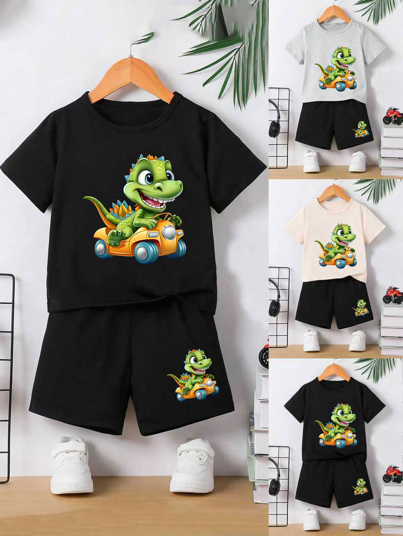 Summer Clothing Drive - 男の子用恐竜柄快適セット 可愛い子供服 ソフト素材のツーピース衣装