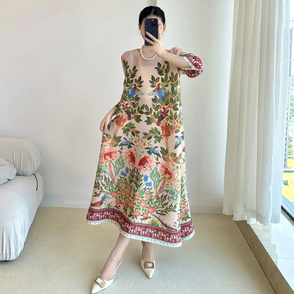 Summer 2025 Clothing Essentials - 三宅ヴィンテージプリントドレス七部袖カジュアルドレス 2025 夏の新屋外旅行ホリデー必須女性服アパレル