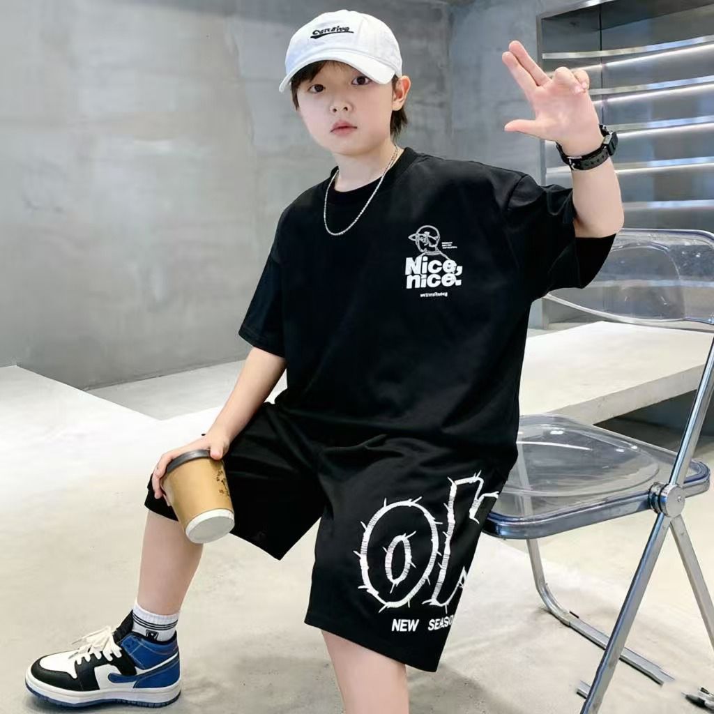 Summer Clothing Drawing For Kids - 綿素材の夏用ヒップホップボーイズ服セット、Tシャツ+ショートパンツ2点セット、キッズスポーツウェア、子供服スーツ、10代向け、4～14歳